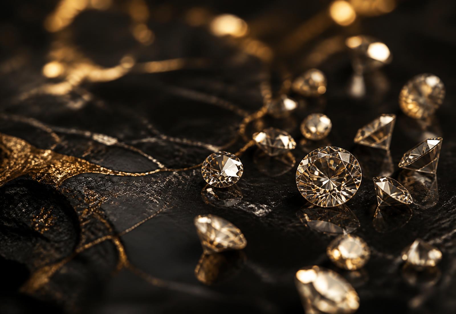 Loose diamonds illuminated on black stone